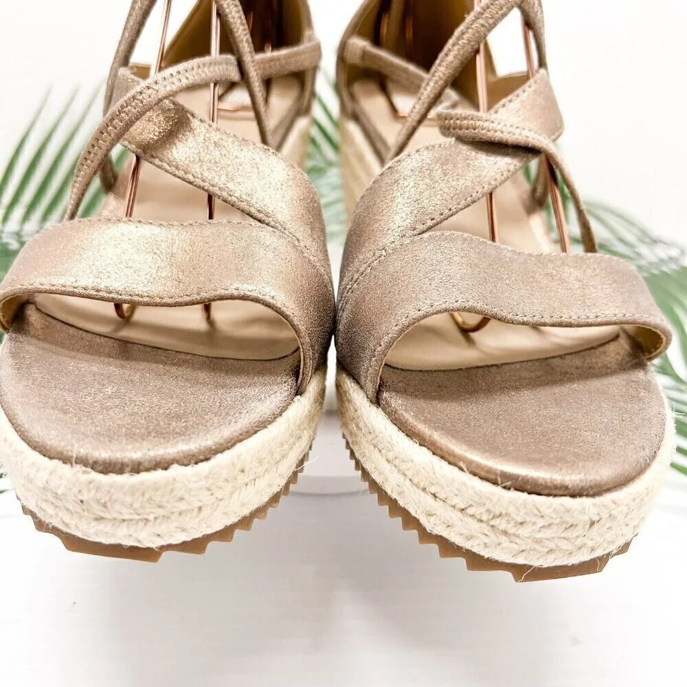 Eileen Fisher Wanda Metallic Nude Strappy Espadrille Wedge Sandal Size 9.5 NWOB